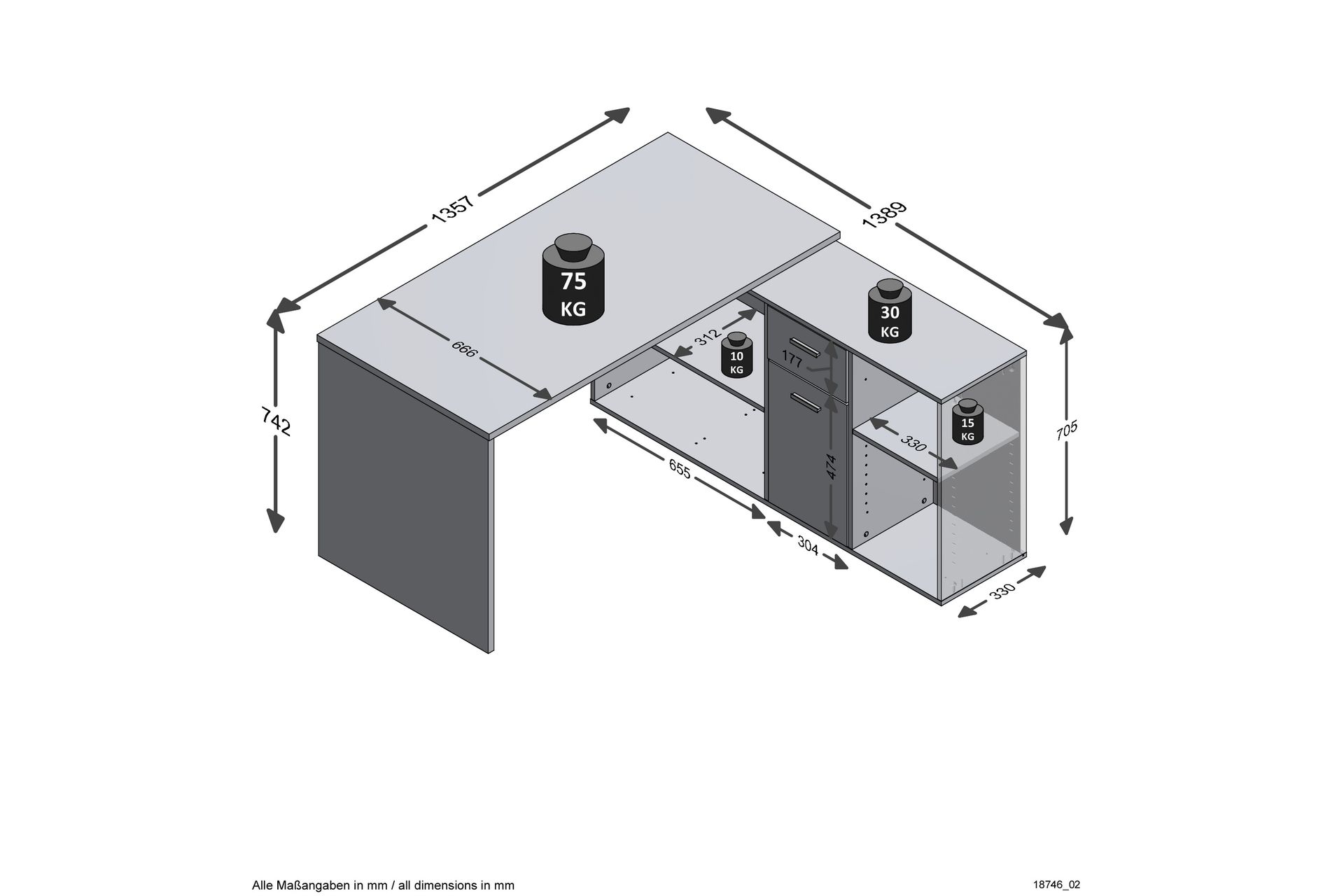 Brizleth Hjørneskrivebord 136 cm Buet med Oppbevaring - Brun/Hvit - Møbler - Bord - Kontorbord - Skrivebord - Hjørneskrivebord