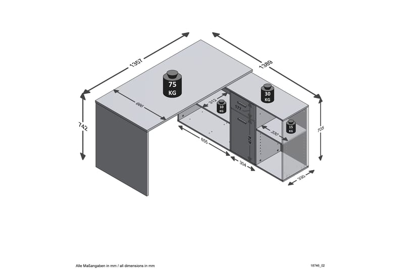 Brizleth Hjørneskrivebord 136 cm Buet med Oppbevaring - Brun/Hvit - Møbler - Bord - Kontorbord - Skrivebord - Hjørneskrivebord