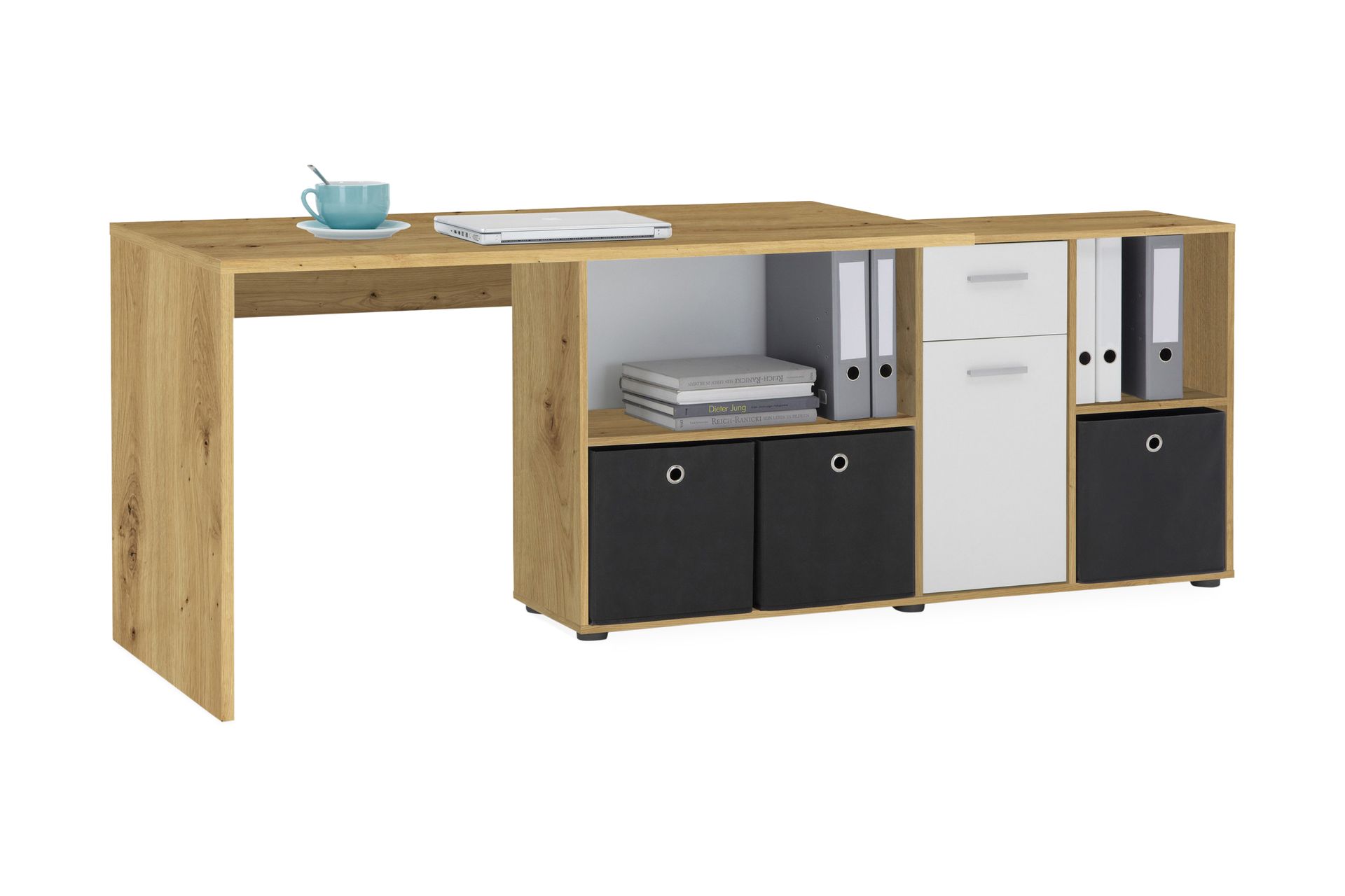 Brizleth Hjørneskrivebord 136 cm Buet med Oppbevaring - Brun/Hvit - Møbler - Bord - Kontorbord - Skrivebord - Hjørneskrivebord