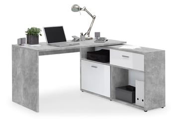 Diego Hjørneskrivebord 138 cm med Justerbar Hylla - HHvit/Betong - Møbler - Bord - Kontorbord - Skrivebord - Hjørneskrivebord