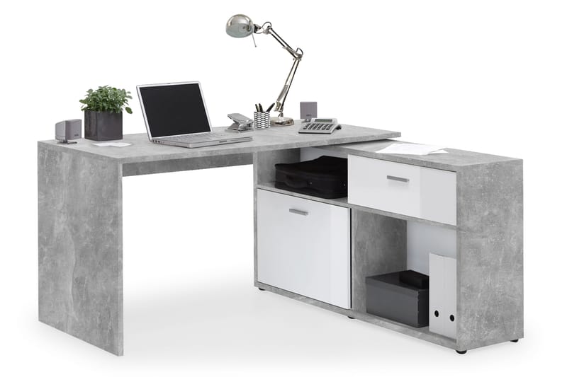 Diego Hjørneskrivebord 138 cm med Justerbar Hylla - HHvit/Betong - Møbler - Bord - Kontorbord - Skrivebord - Hjørneskrivebord