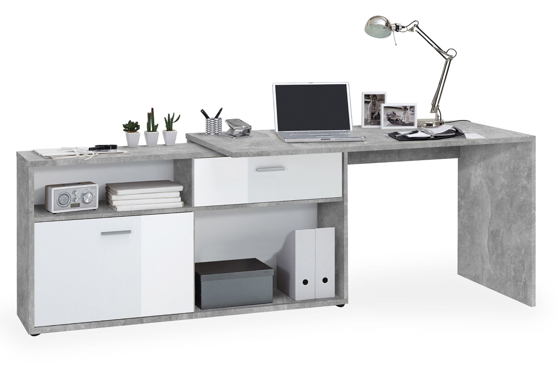 Diego Hjørneskrivebord 138 cm med Justerbar Hylla - HHvit/Betong - Møbler - Bord - Kontorbord - Skrivebord - Hjørneskrivebord
