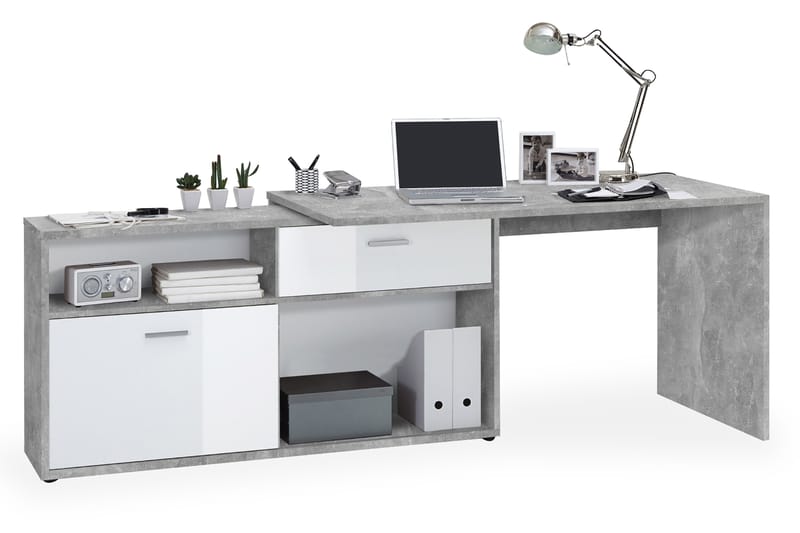 Diego Hjørneskrivebord 138 cm med Justerbar Hylla - HHvit/Betong - Møbler - Bord - Kontorbord - Skrivebord - Hjørneskrivebord