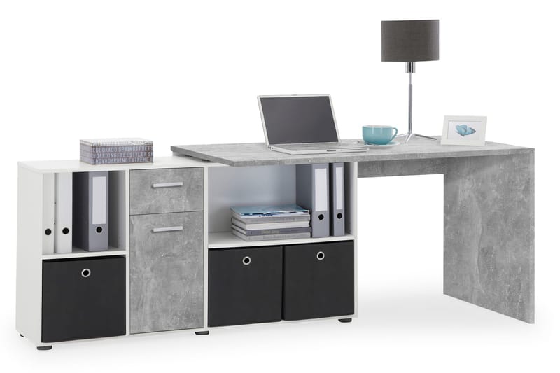 Lexo Hjørneskrivebord 136 cm med Justerbar Hylla - Betong - Møbler - Bord - Kontorbord - Skrivebord - Hjørneskrivebord