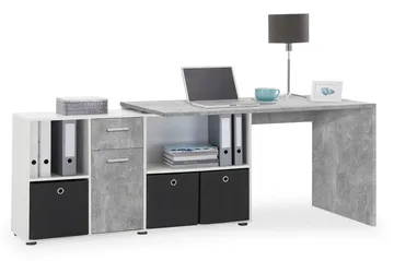 Lexo Hjørneskrivebord 136 cm med Justerbar Hylla - Betong - Møbler - Bord - Kontorbord - Skrivebord - Hjørneskrivebord