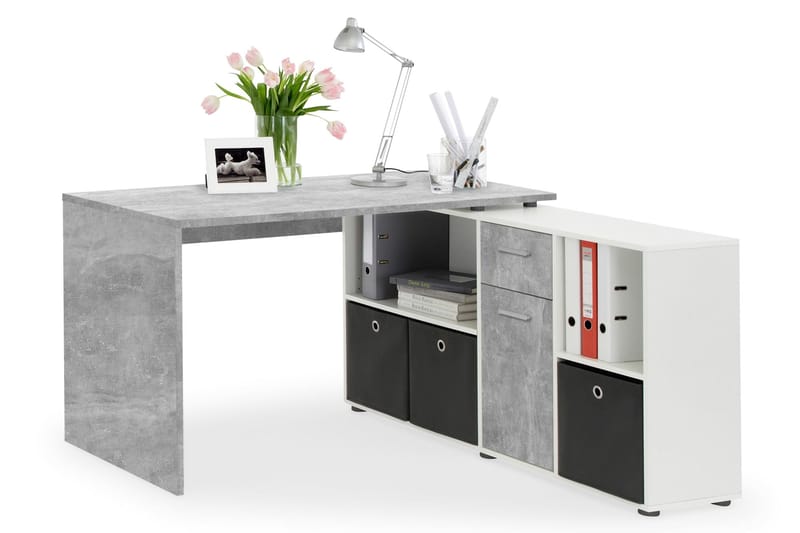 Lexo Hjørneskrivebord 136 cm med Justerbar Hylla - Betong - Hjørneskrivebord