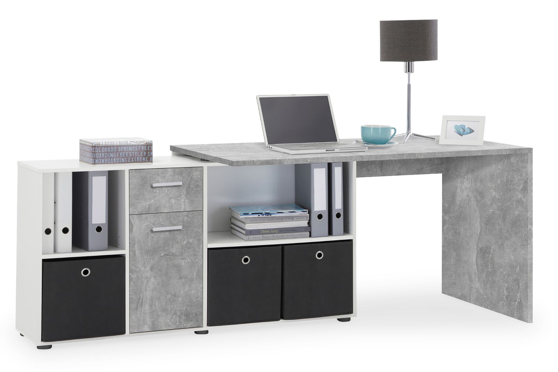 Lexo Hjørneskrivebord 136 cm med Justerbar Hylla - Betong - Møbler - Bord - Kontorbord - Skrivebord - Hjørneskrivebord