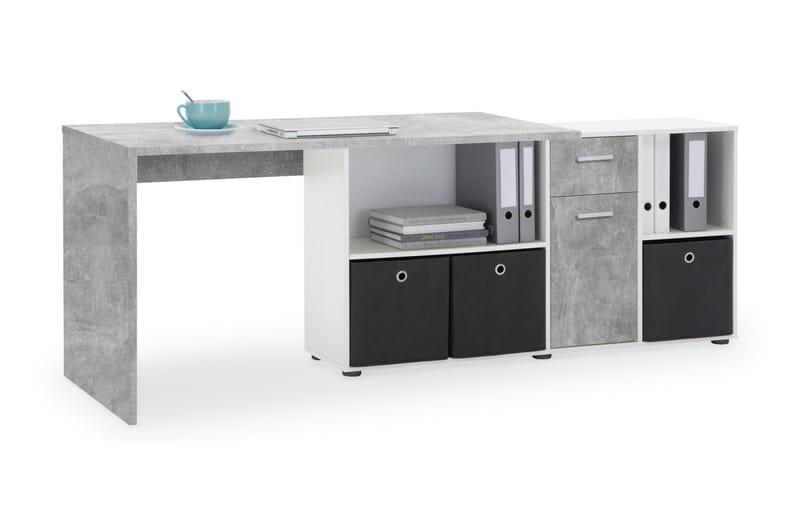 Lexo Hjørneskrivebord 136 cm med Justerbar Hylla - Betong - Møbler - Bord - Kontorbord - Skrivebord - Hjørneskrivebord