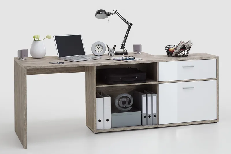 Mamoru Hjørneskrivebord Sandeik/Hvit - Beige|Hvit - Møbler - Bord - Kontorbord - Skrivebord - Hjørneskrivebord