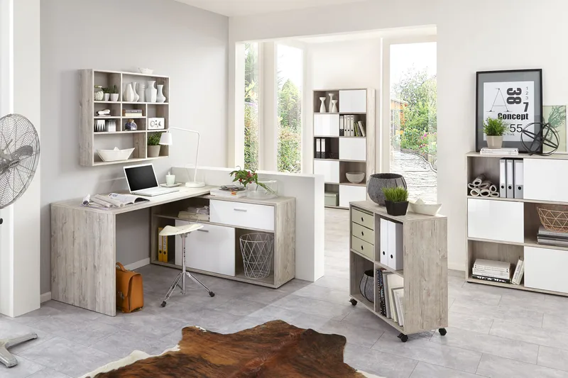 Mamoru Hjørneskrivebord Sandeik/Hvit - Beige|Hvit - Møbler - Bord - Kontorbord - Skrivebord - Hjørneskrivebord