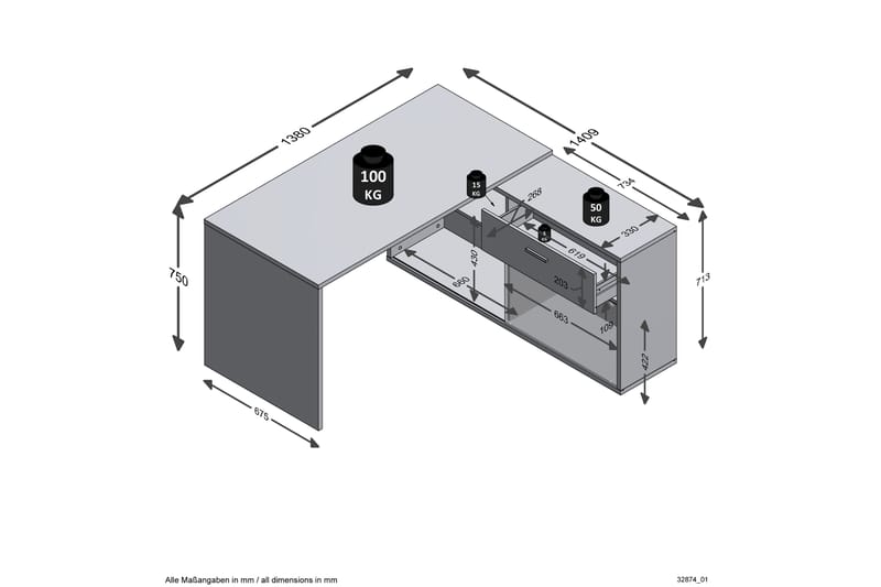 Narez Hjørneskrivebord 138 cm Buet med Oppbevaring - Brun/Hvit - Møbler - Bord - Kontorbord - Skrivebord - Hjørneskrivebord