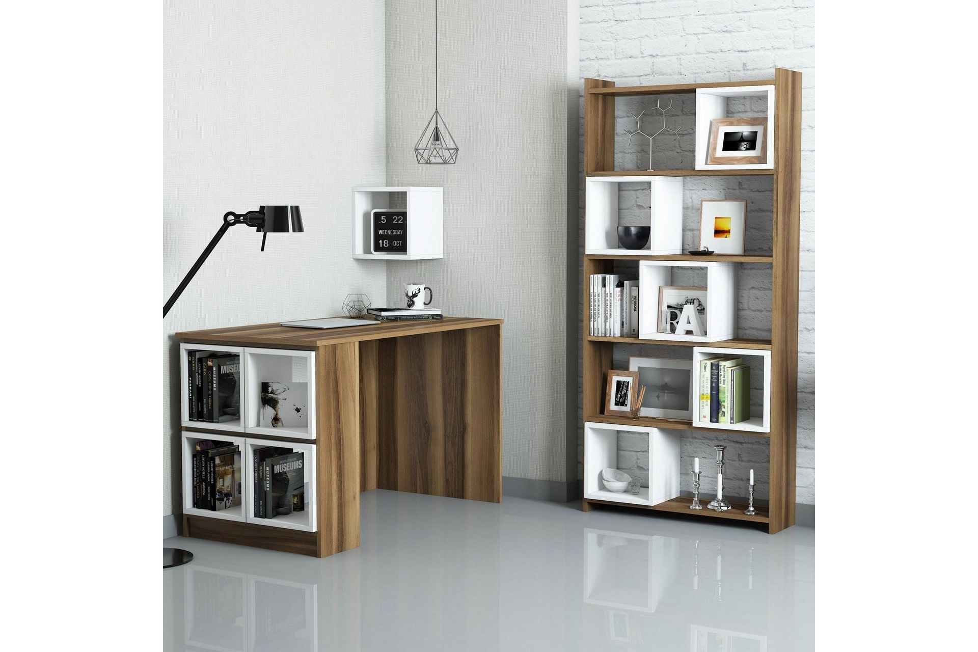 Hovdane Skrivebord 12 cm med Oppbevaring Hylle+Vegghylle+Bok - Brun/Hvit
