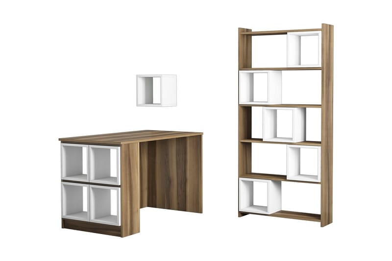 Hovdane Skrivebord 12 cm med Oppbevaring Hylle+Vegghylle+Bok - Brun/Hvit - Møbler - Bord - Kontorbord - Skrivebord