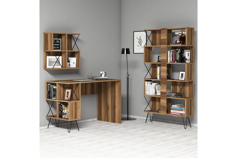 Hovdane Skrivebord 120 cm med Oppbevaring + 2 Bokhyller - Brun/Svart/Eik - Møbler - Bord - Kontorbord - Skrivebord