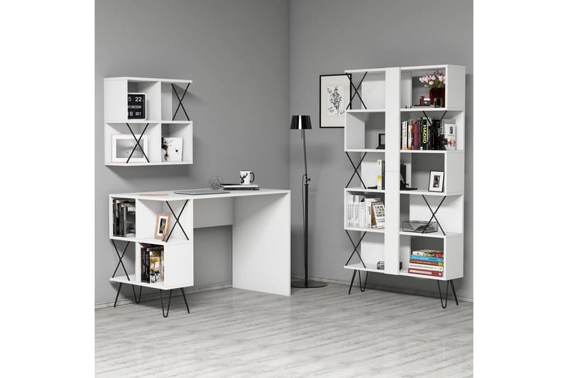 Hovdane Skrivebord 120 cm med Oppbevaring + 2 Bokhyller - Hvit - Møbler - Bord - Kontorbord - Skrivebord