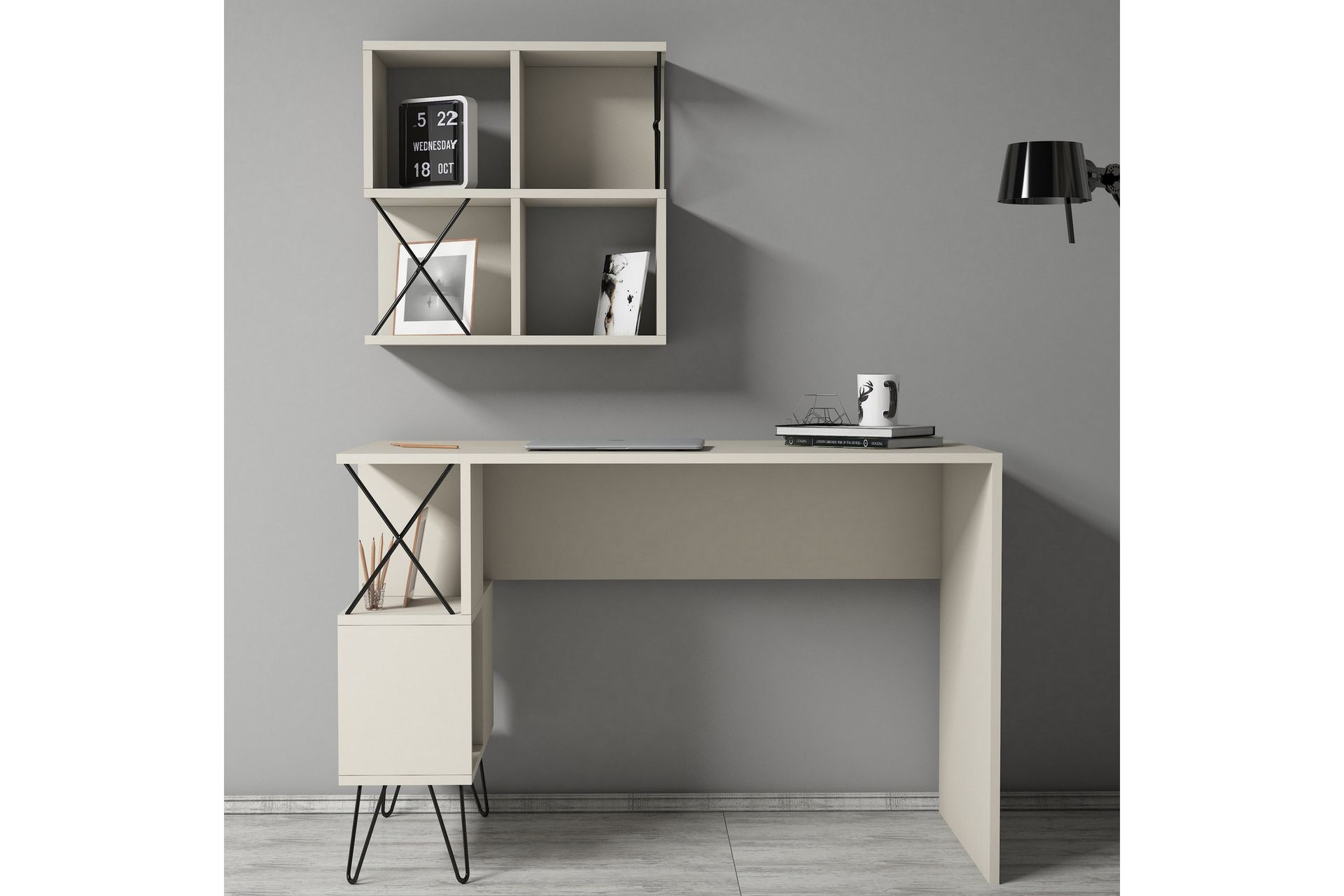 Hovdane Skrivebord 120 cm med Oppbevaring + 2 Bokhyller - Kremhvit/Svart - Møbler - Bord - Kontorbord - Skrivebord
