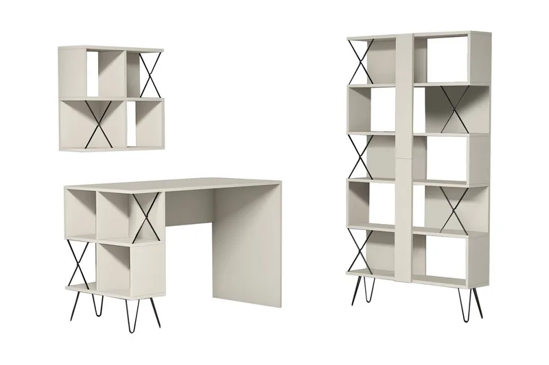 Hovdane Skrivebord 120 cm med Oppbevaring + 2 Bokhyller, Kremhvit/Svart