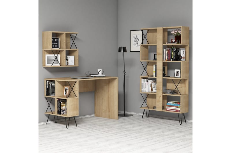 Hovdane Skrivebord 120 cm med Oppbevaring + 2 Bokhyller - Lysebrun/Svart - Møbler - Bord - Kontorbord - Skrivebord