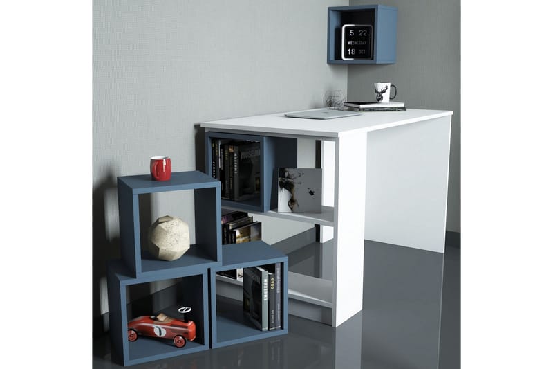 Hovdane Skrivebord 120 cm med Oppbevaring + Vegghylle + - Hvit/Blå - Skrivebord