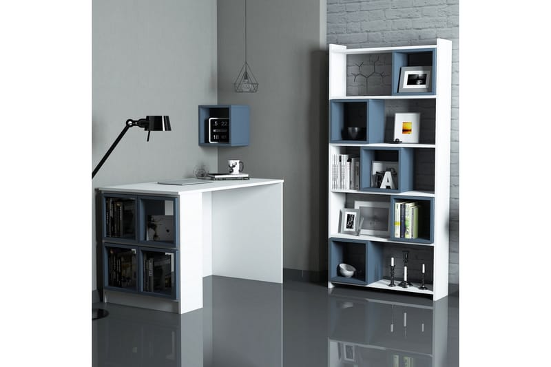 Hovdane Skrivebord 120 cm med Oppbevaring + Vegghylle + - Hvit/Blå - Skrivebord