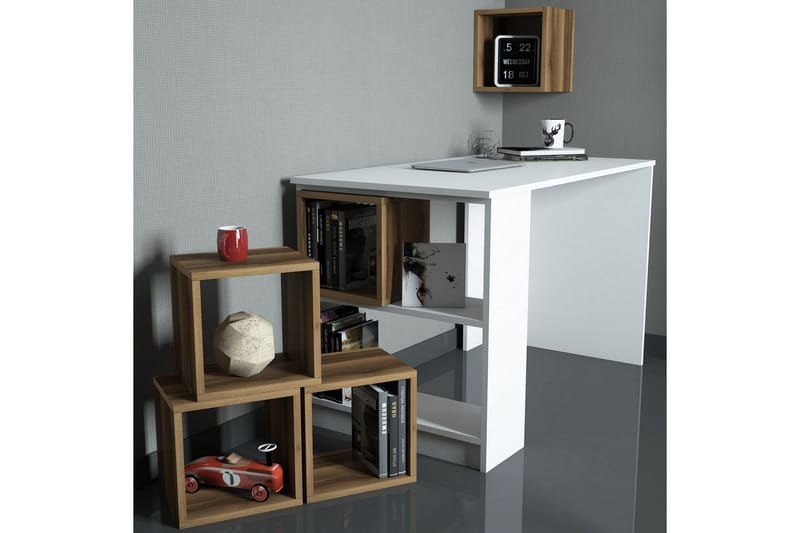 Hovdane Skrivebord 120 cm med Oppbevaring + Vegghylle + - Hvit/Brun - Skrivebord