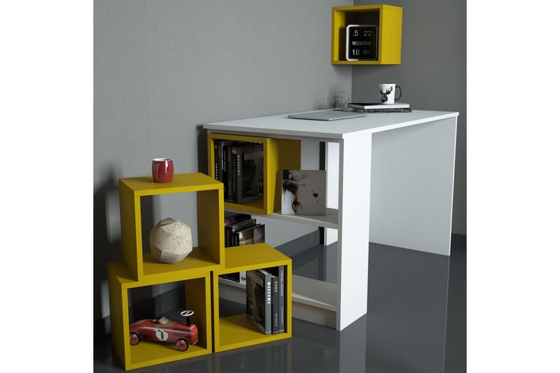 Hovdane Skrivebord 120 cm med Oppbevaring + Vegghylle + - Hvit/Gul - Skrivebord