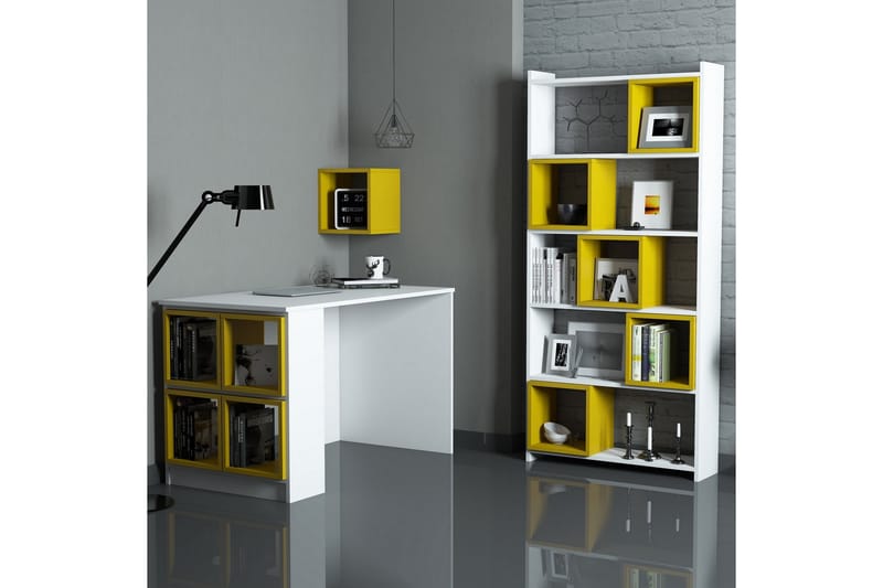 Hovdane Skrivebord 120 cm med Oppbevaring + Vegghylle + - Hvit/Gul - Møbler - Bord - Kontorbord - Skrivebord
