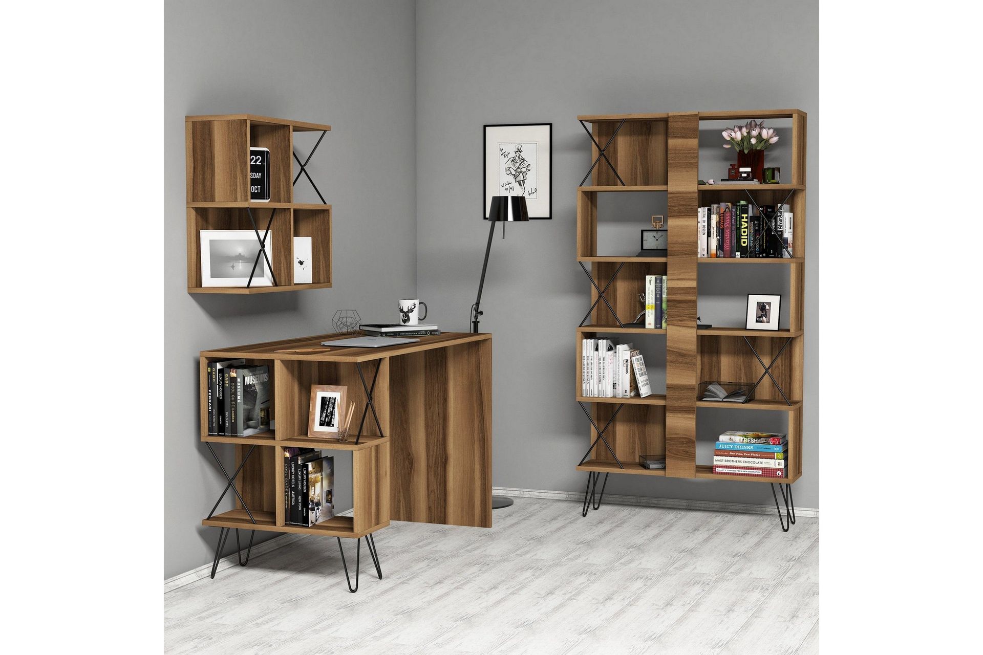 Hovdane Skrivebord 120 cm med Oppbevaring + 2 Bokhyller - Brun/Svart/Eik