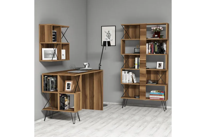 Hovdane Skrivebord 120 cm med Oppbevaring + 2 Bokhyller, Brun/Svart/Eik