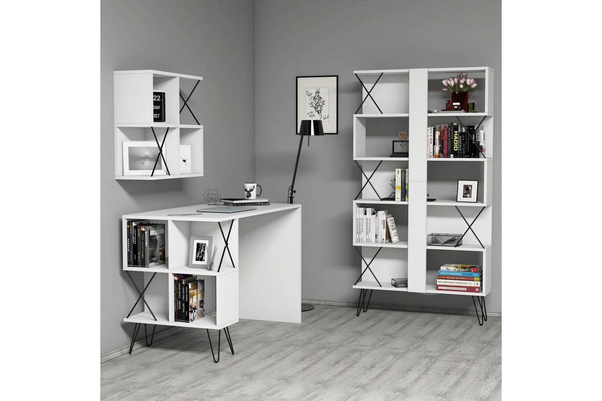 Hovdane Skrivebord 120 cm med Oppbevaring + 2 Bokhyller - Hvit
