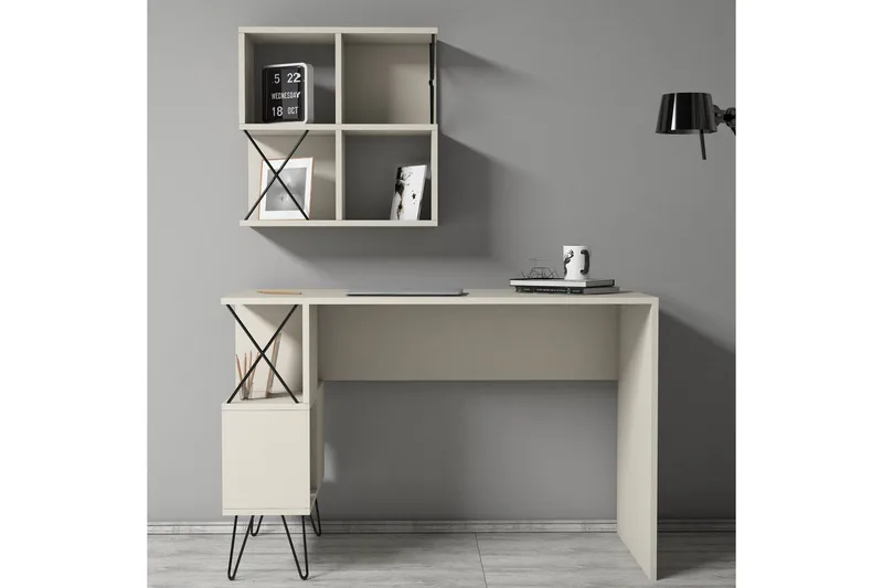 Hovdane Skrivebord 120 cm med Oppbevaring + 2 Bokhyller - Kremhvit/Svart - Møbler - Bord - Kontorbord - Skrivebord