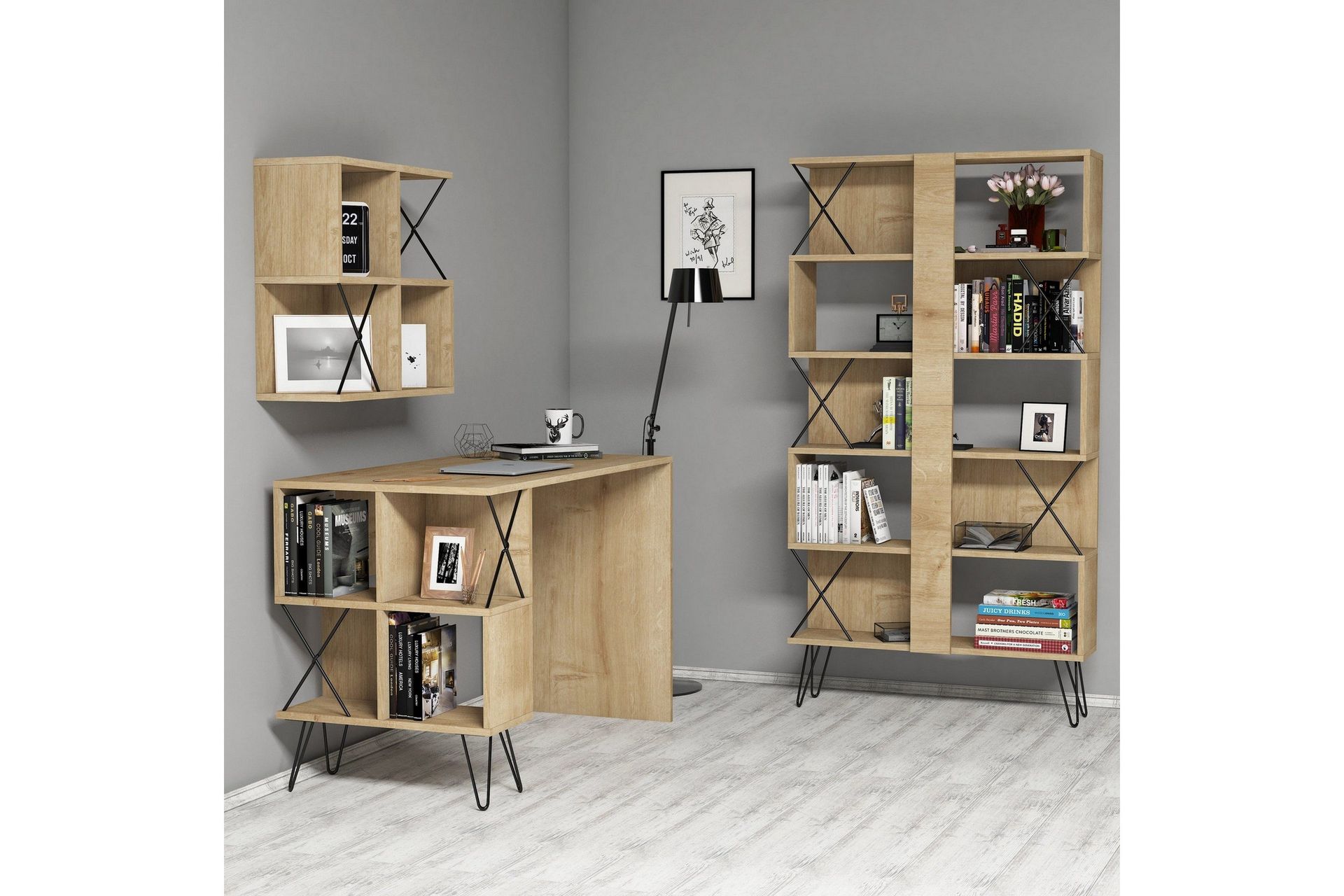 Hovdane Skrivebord 120 cm med Oppbevaring + 2 Bokhyller - Lysebrun/Svart