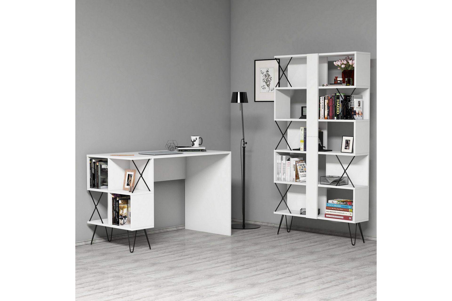 Hovdane Skrivebord 120 cm med Oppbevaring Hylle + Bokhylle - Ekstra Hvit - Møbler - Bord - Kontorbord - Skrivebord