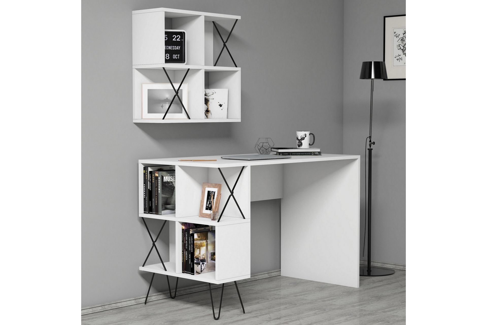 Hovdane Skrivebord 120 cm med Oppbevaring Hylle + Bokhylle L - Hvit/Svart - Møbler - Bord - Kontorbord - Skrivebord