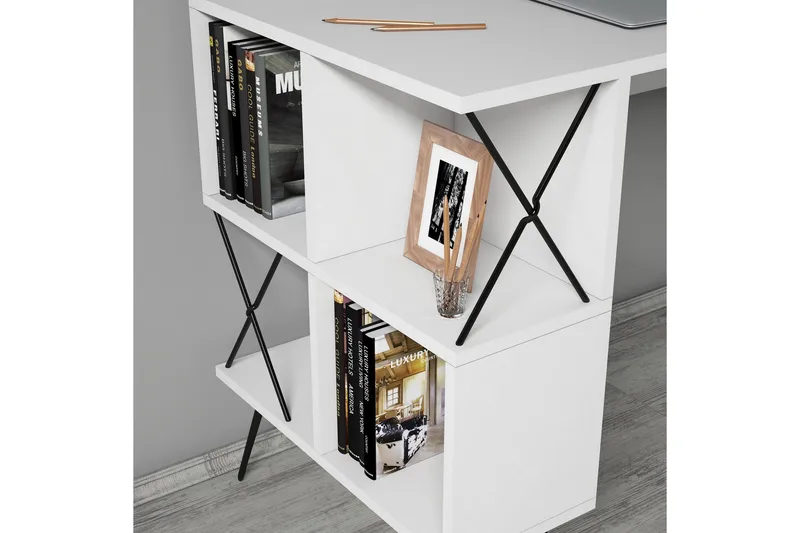 Hovdane Skrivebord 120 cm med Oppbevaring Hylle + Bokhylle L - Hvit/Svart - Møbler - Bord - Kontorbord - Skrivebord