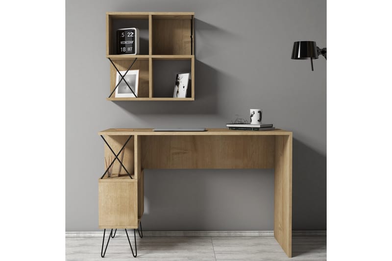 Hovdane Skrivebord 120 cm med Oppbevaring Hylle + Bokhylle L - Lysebrun - Møbler - Bord - Kontorbord - Skrivebord