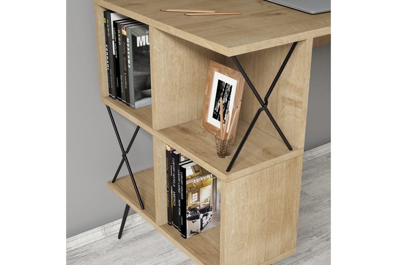 Hovdane Skrivebord 120 cm med Oppbevaring Hylle + Bokhylle L - Lysebrun - Møbler - Bord - Kontorbord - Skrivebord