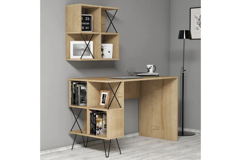 Hovdane Skrivebord 120 cm med Oppbevaring Hylle + Bokhylle L, Lysebrun