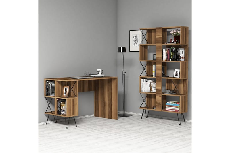 Hovdane Skrivebord 120 cm med Oppbevaring Hylle + Bokhylle - Svart/Eik/Brun - Møbler - Bord - Kontorbord - Skrivebord