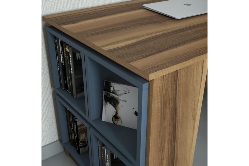 Hovdane Skrivebord 120 cm med Oppbevaring Hylle + Vegghylle - Brun/Blå - Skrivebord