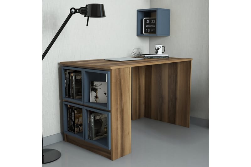 Hovdane Skrivebord 120 cm med Oppbevaring Hylle + Vegghylle - Brun/Blå - Skrivebord