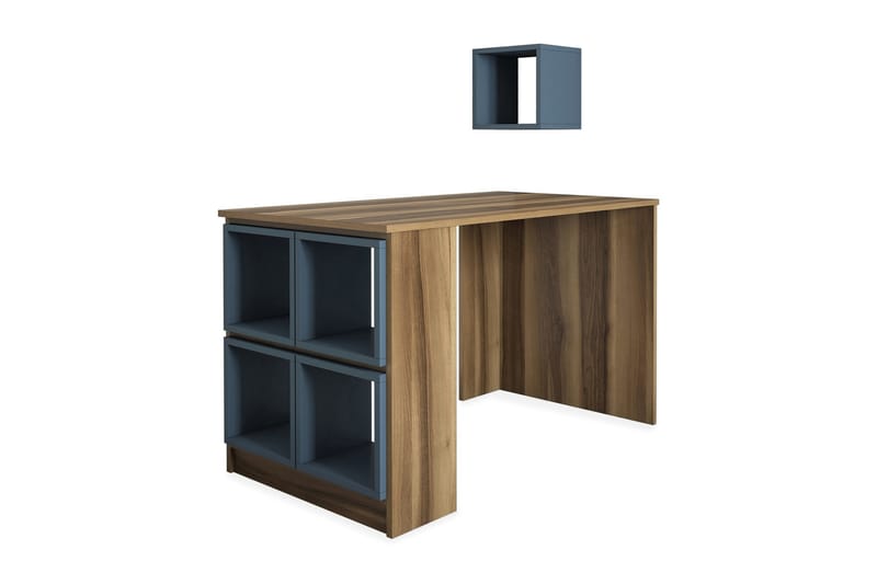 Hovdane Skrivebord 120 cm med Oppbevaring Hylle + Vegghylle - Brun/Blå - Møbler - Bord - Kontorbord - Skrivebord