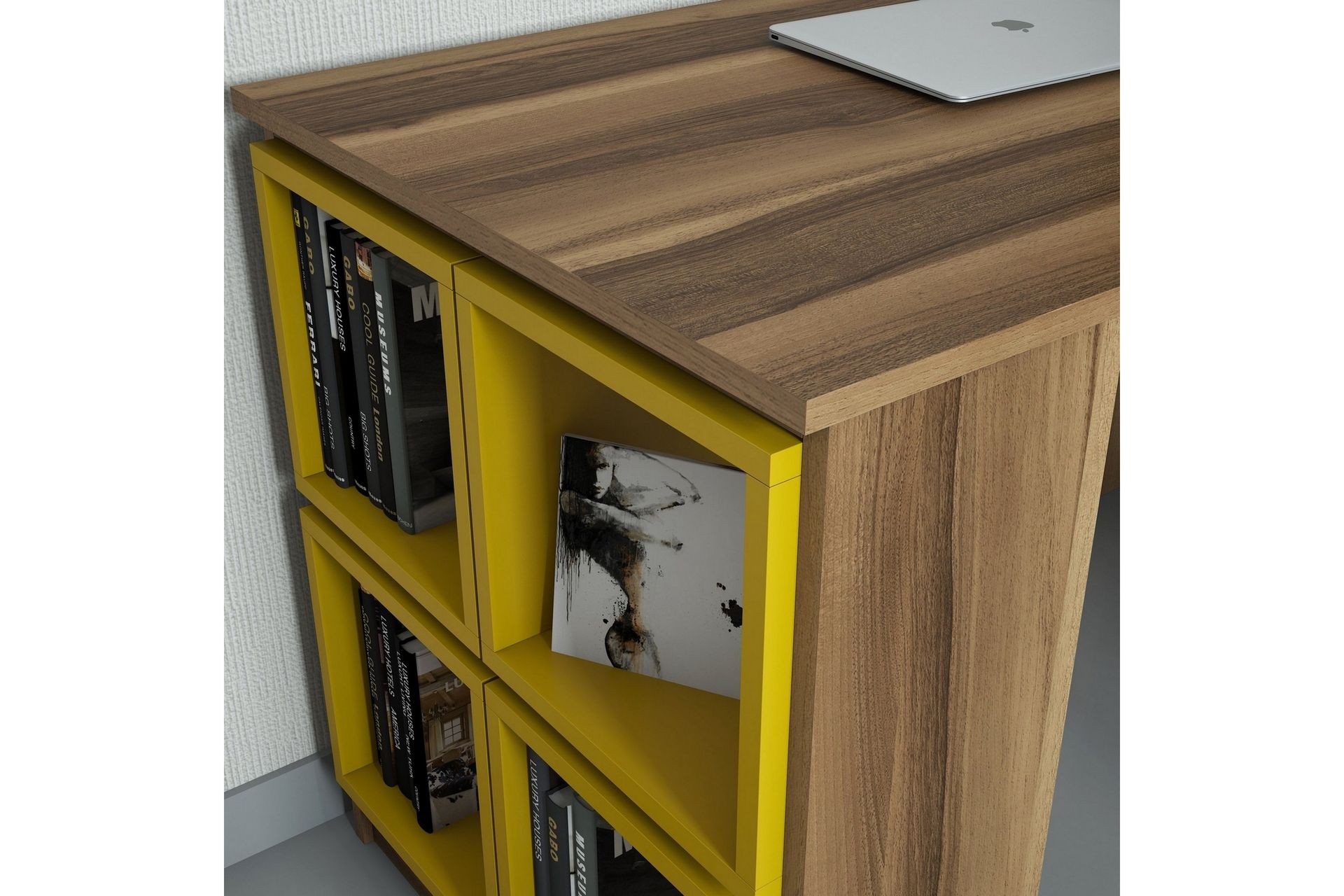 Hovdane Skrivebord 120 cm med Oppbevaring Hylle + Vegghylle - Brun/Gul - Møbler - Bord - Kontorbord - Skrivebord