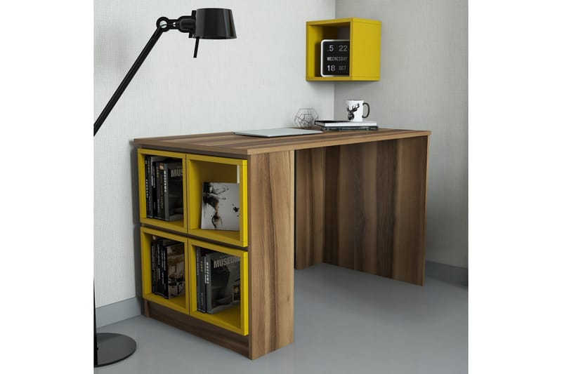 Hovdane Skrivebord 120 cm med Oppbevaring Hylle + Vegghylle - Brun/Gul - Skrivebord