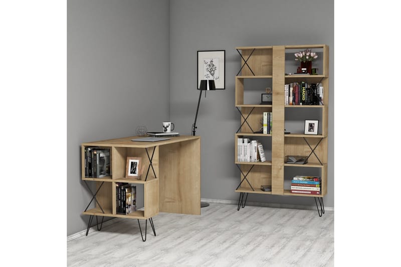 Hovdane Skrivebord 120 cm med Oppbevaring Hylle + Bokhylle, Brun/Eik