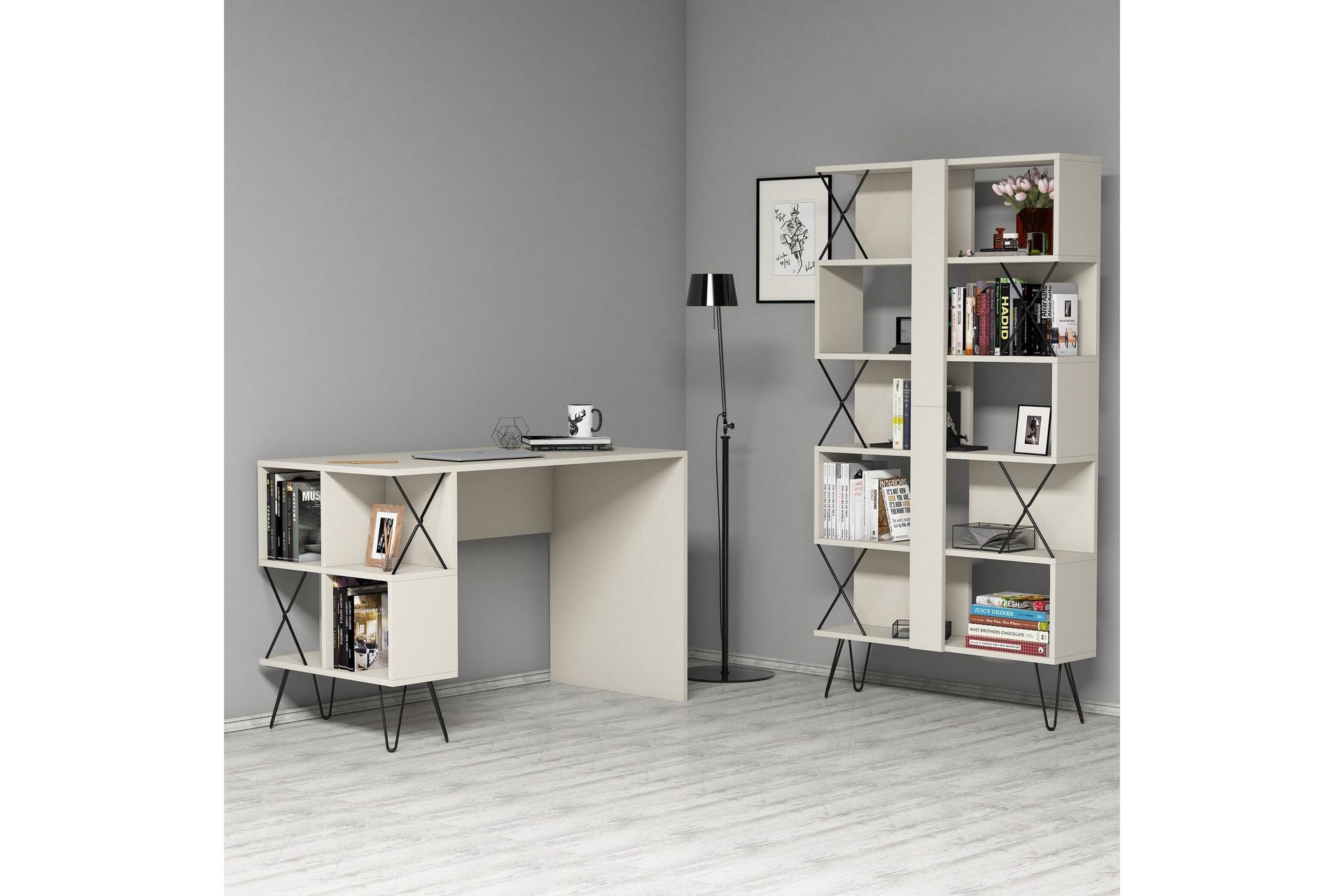 Hovdane Skrivebord 120 cm med Oppbevaring Hylle + Bokhylle - Ekstra Hvit/Svart
