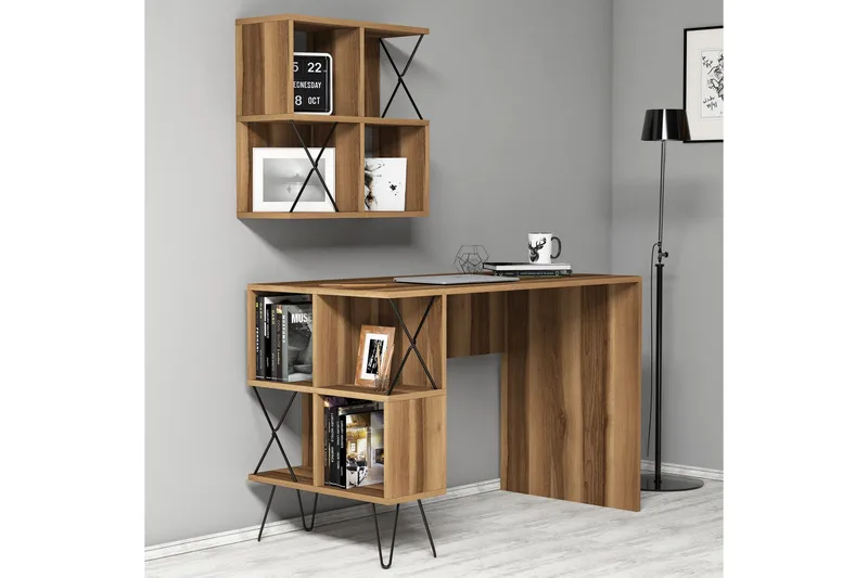 Hovdane Skrivebord 120 cm med Oppbevaring Hylle + Bokhylle L, Brun/Svart