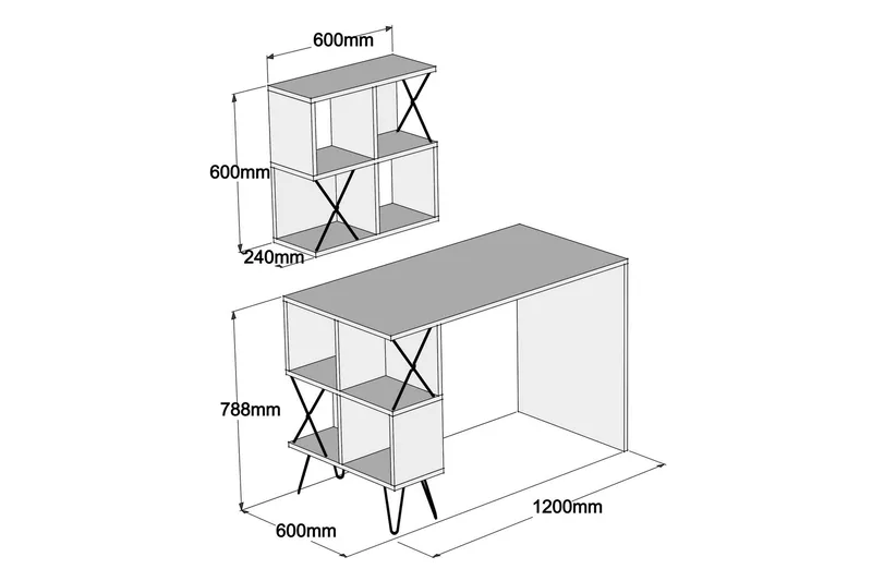 Hovdane Skrivebord 120 cm med Oppbevaring Hylle + Bokhylle L - Hvit/Svart - Møbler - Bord - Kontorbord - Skrivebord