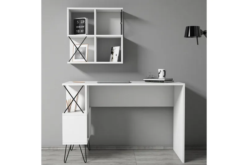 Hovdane Skrivebord 120 cm med Oppbevaring Hylle + Bokhylle L - Hvit/Svart - Møbler - Bord - Kontorbord - Skrivebord