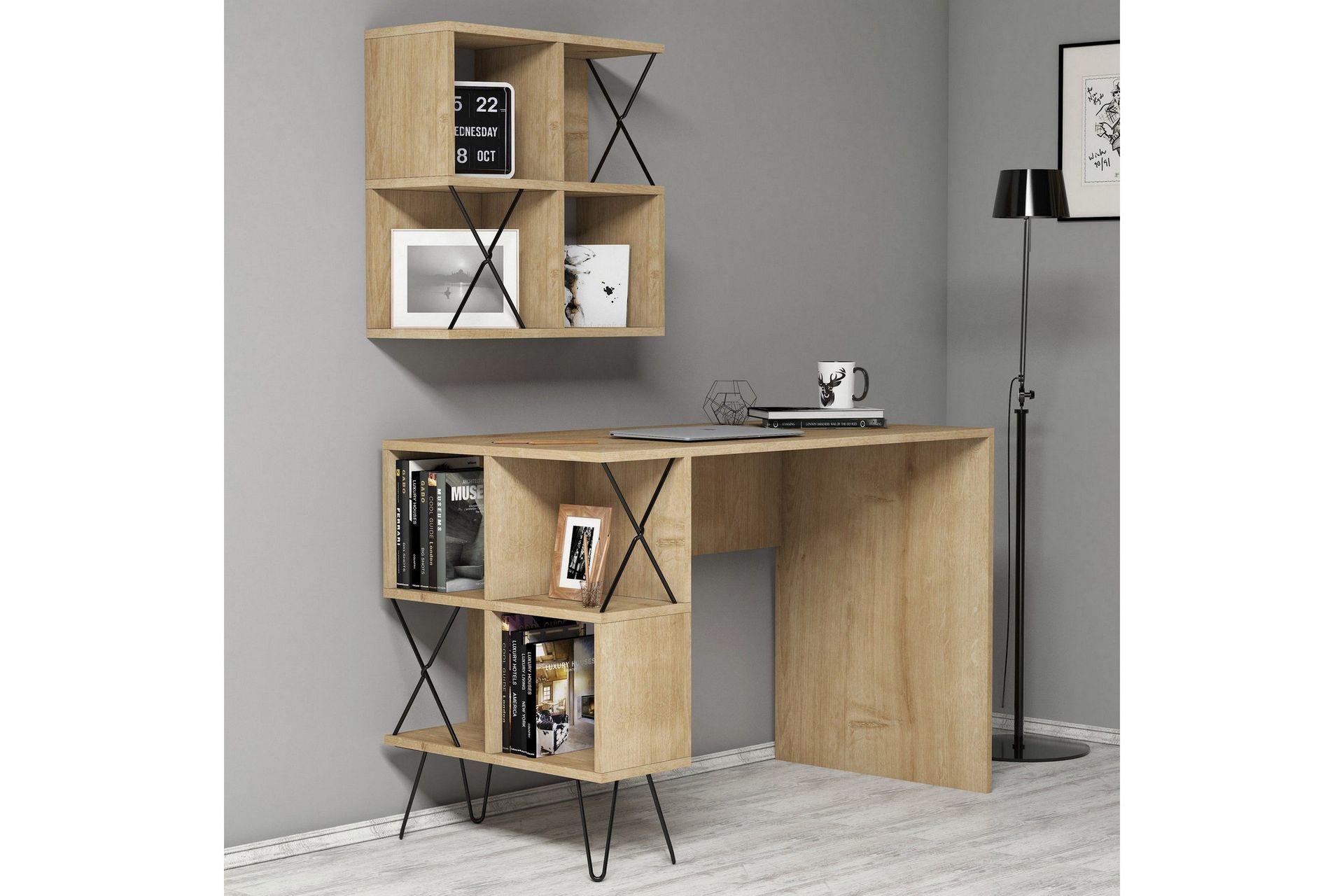 Hovdane Skrivebord 120 cm med Oppbevaring Hylle + Bokhylle L - Lysebrun